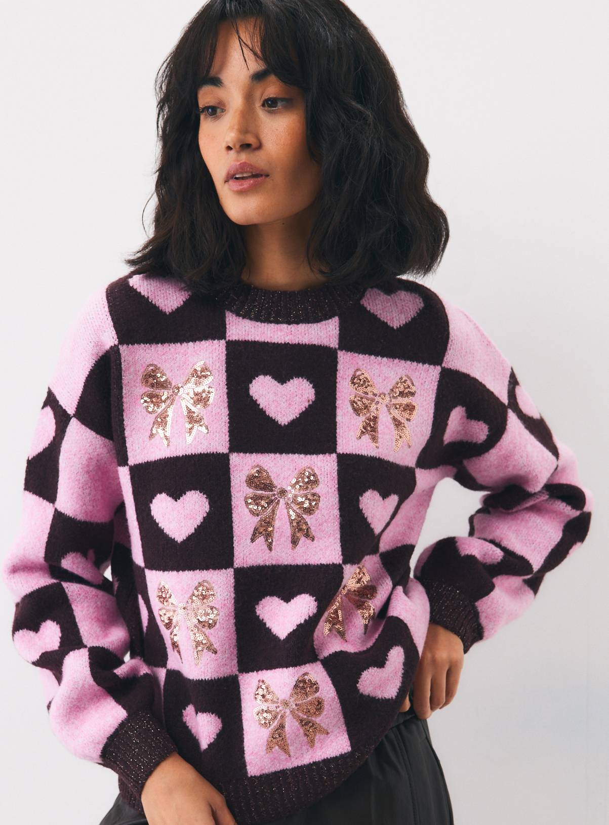 Christmas Purple Checkerboard Bow Jumper XS - Image 2